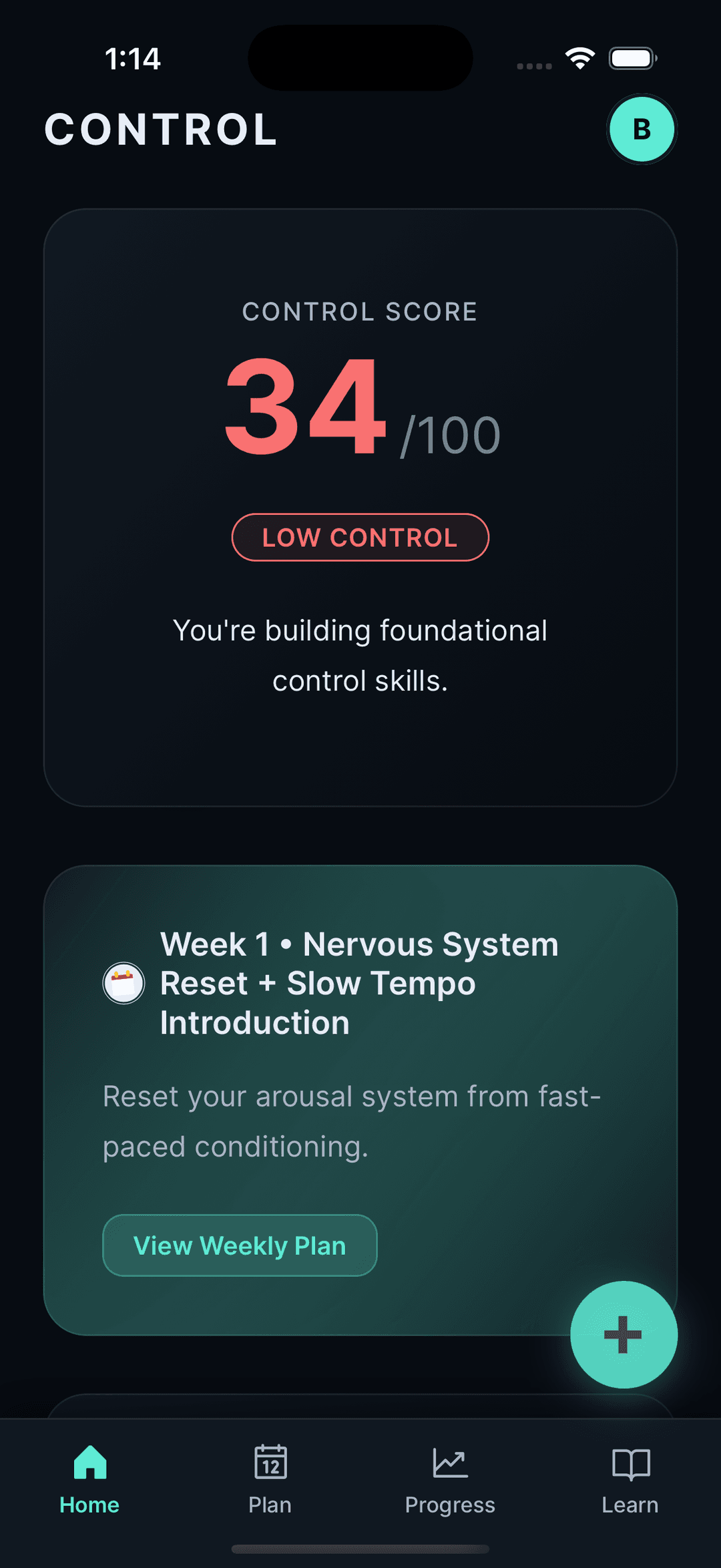 Control app showing personalized training plan